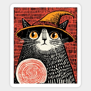 Witch Cat with Crystal Ball – Spooky Halloween Linocut Magnet